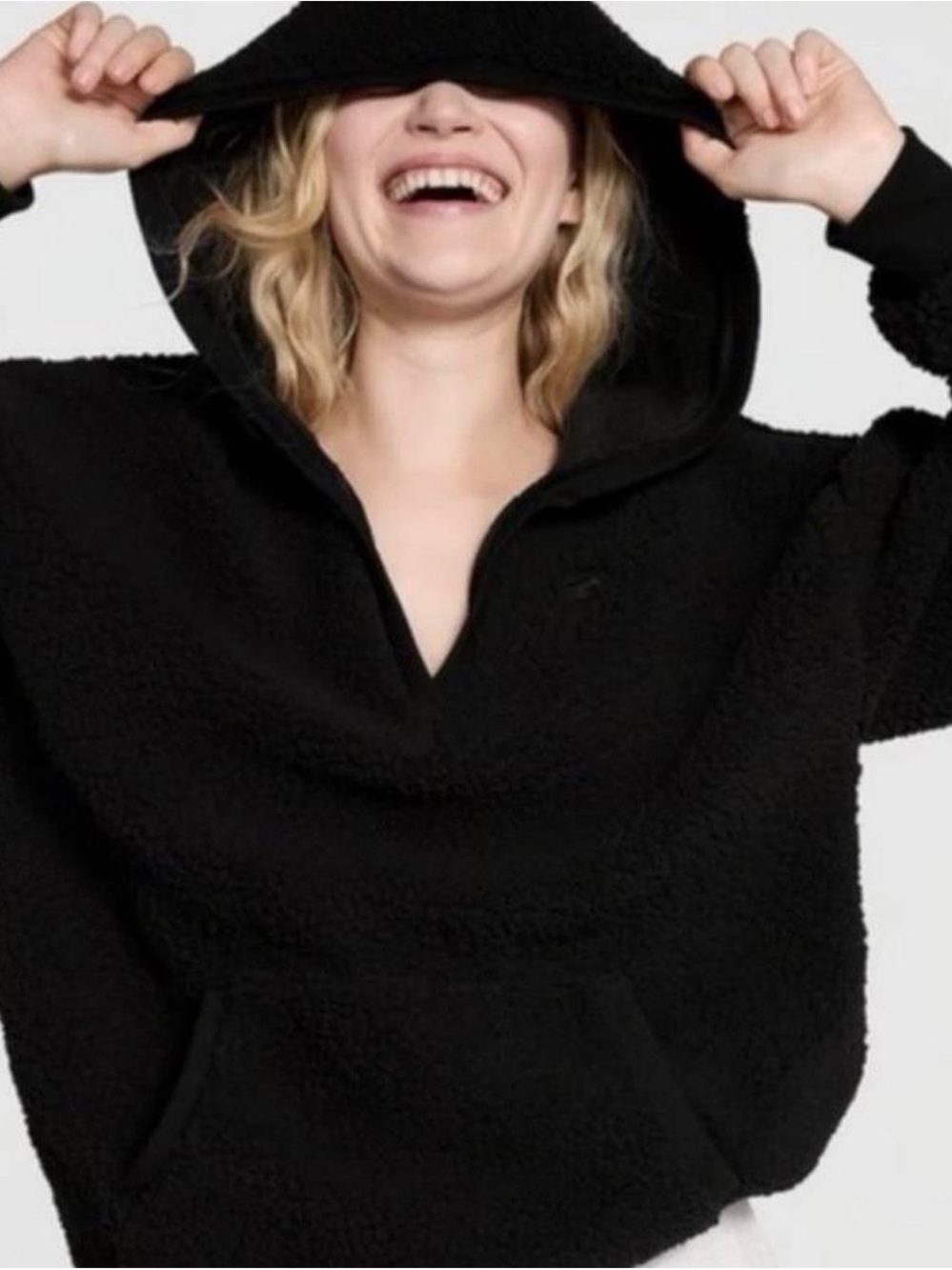 VS PINK Black Sherpa Hooded Pullover